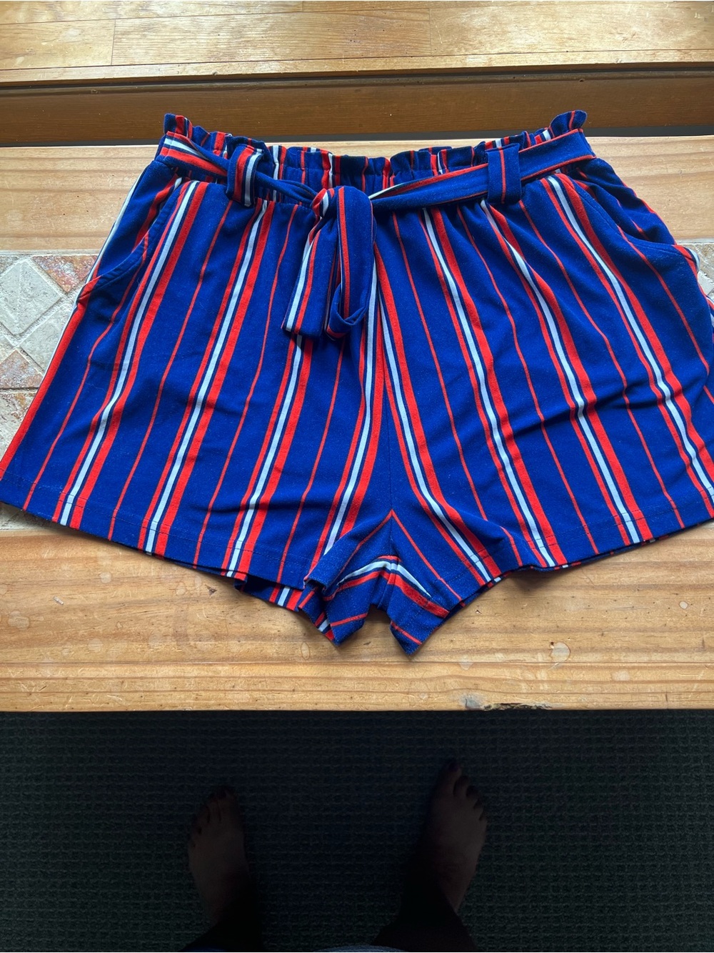 Blu Cactus Women's Striped Paperbag High Rise Tie Waist Pull On Shorts L # 160